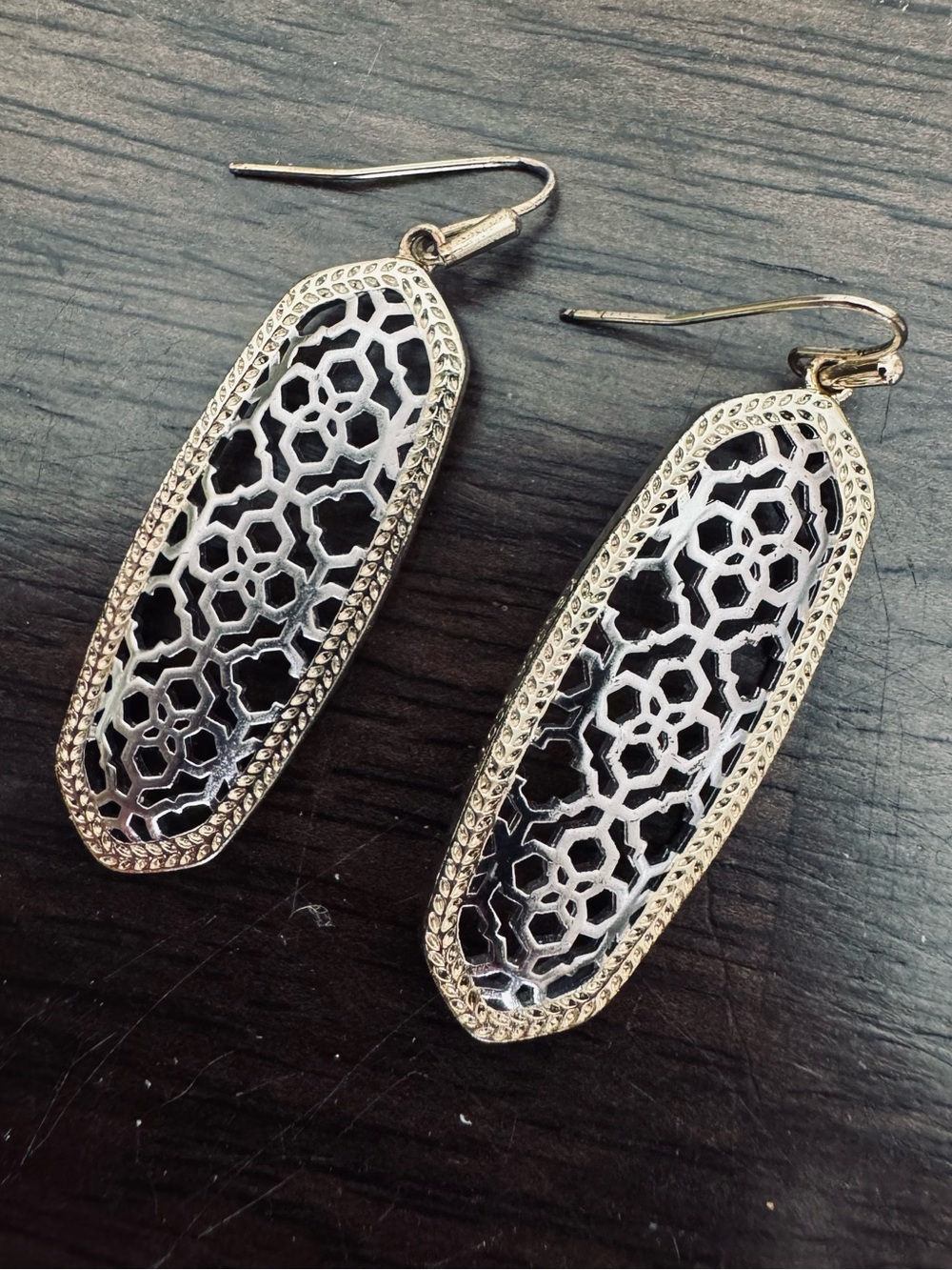 Kendra Scott Brenna Silver Gold Oval Lace Mesh Filigree Drop Earrings